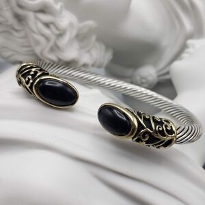 Silver & Gold Cable Cuff Bracelet w/ Black Cabachon Details -Abstract Industrial